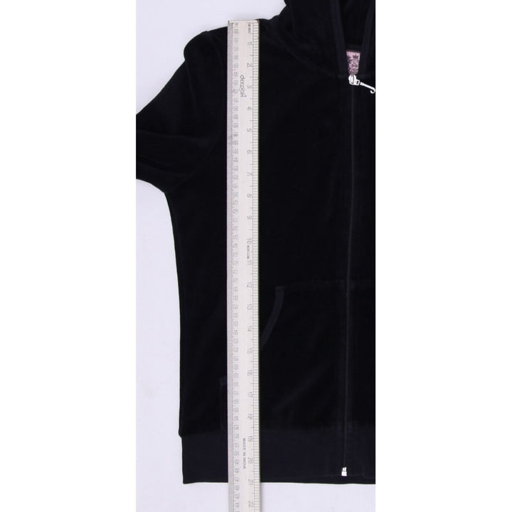 Y2K Ladies Juicy Couture Black Velour Full Zip Crown Graphic Hoodie M