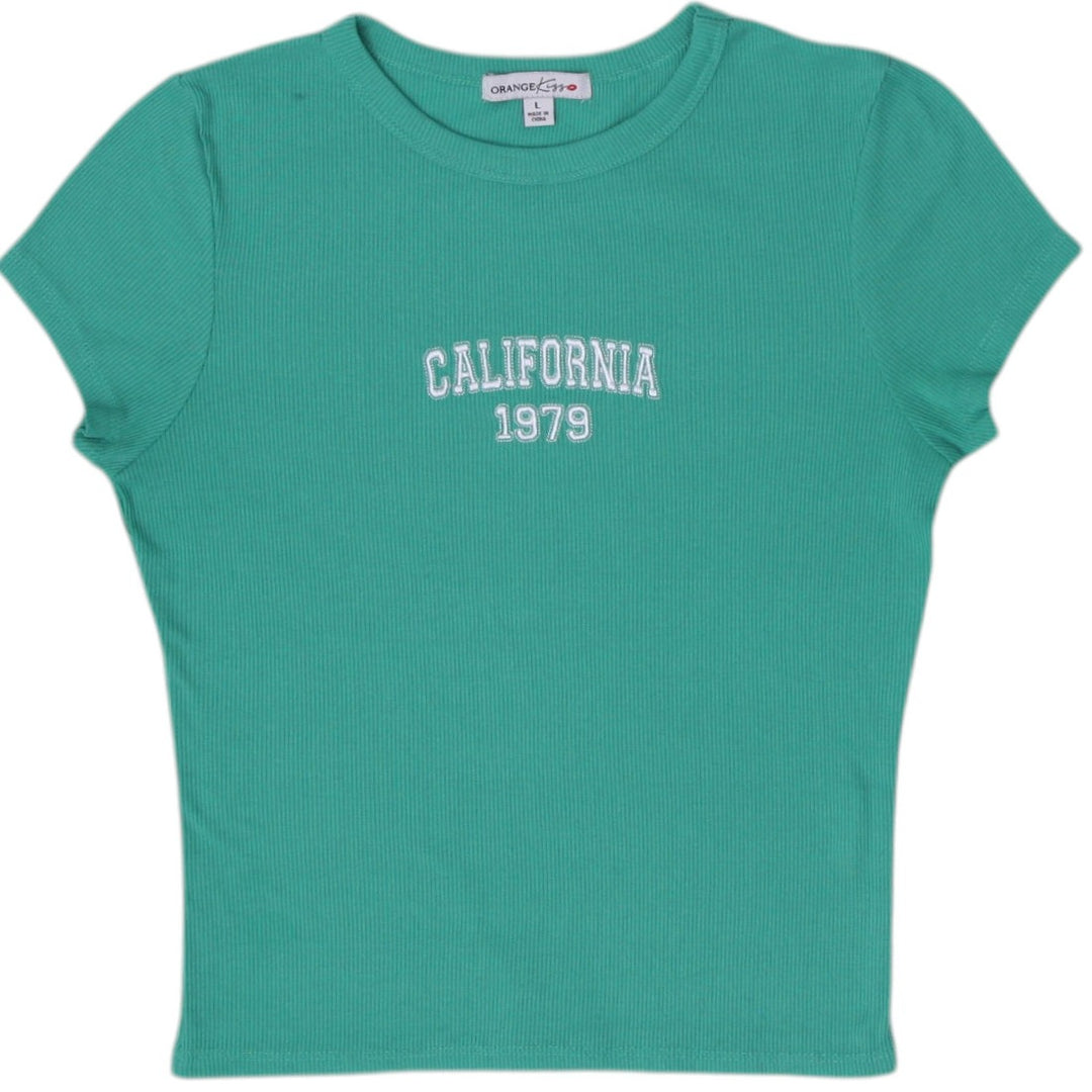 Y2K Ladies Orange Kiss Slim-Fit Ribbed California 1979 Graphic Baby Tee Size S