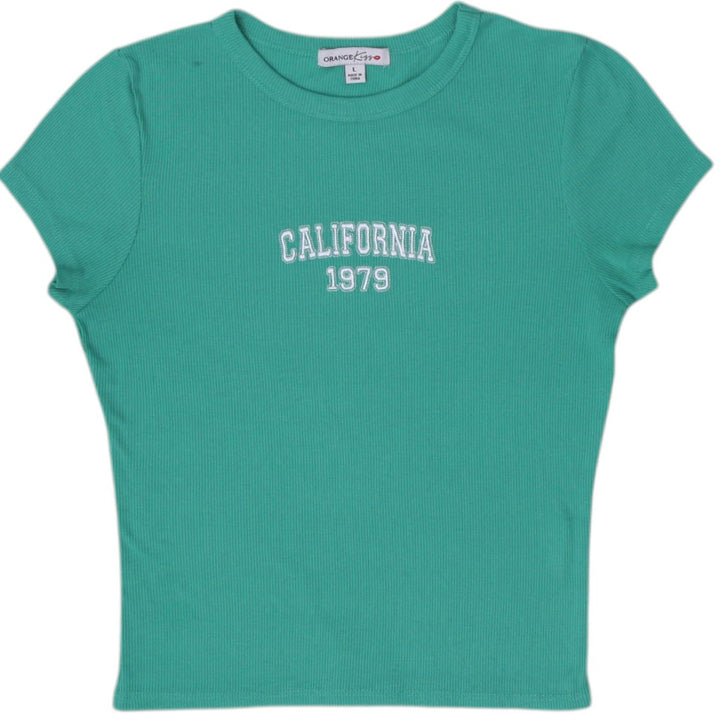 Y2K Ladies Orange Kiss Slim-Fit Ribbed California 1979 Graphic Baby Tee Size S