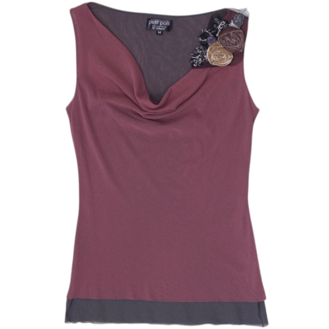 Y2K Ladies Petit Pois Sleeveless Top Maroon Floral Accent