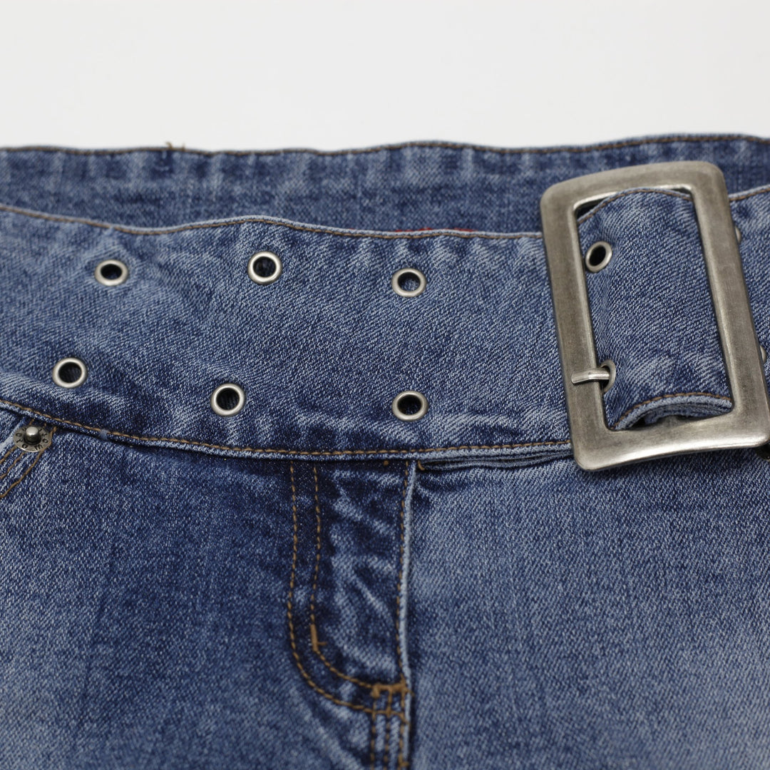 Y2K Ladies Moto Denim Shorts Blue Belted Style