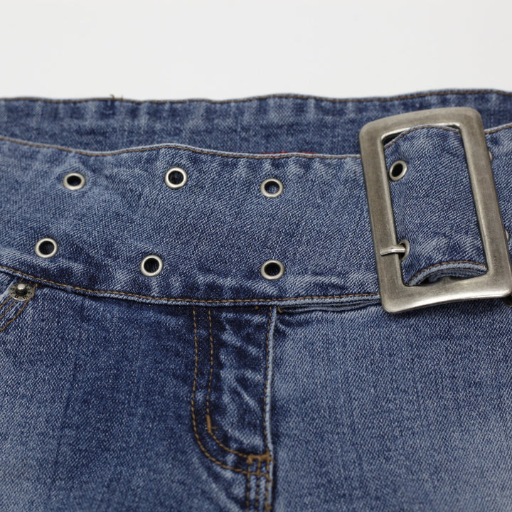Y2K Ladies Moto Denim Shorts Blue Belted Style