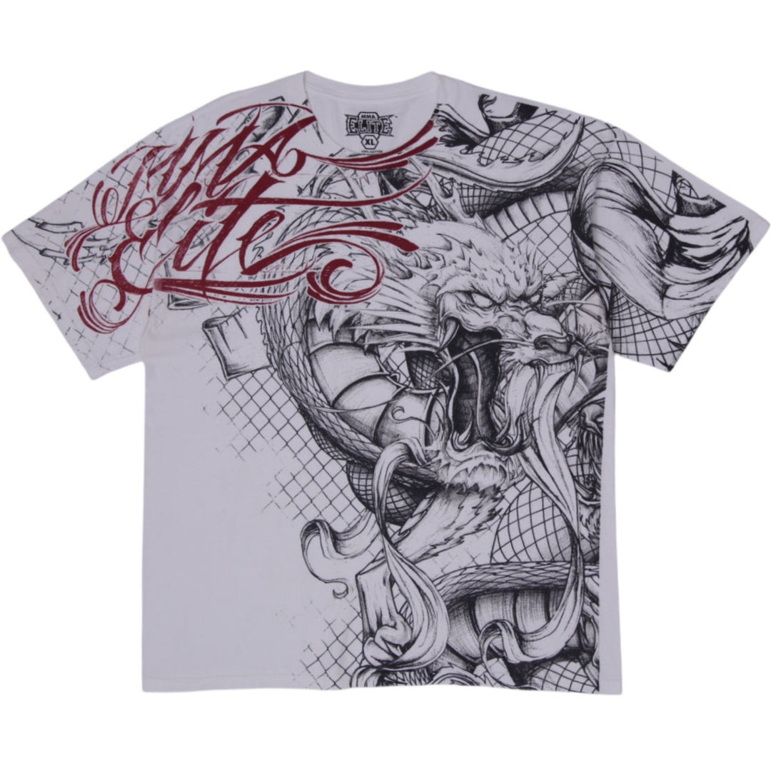 Y2K Mens MMA Elite Dragon Graphic All Over Print White Cyber Grunge T-Shirt XL
