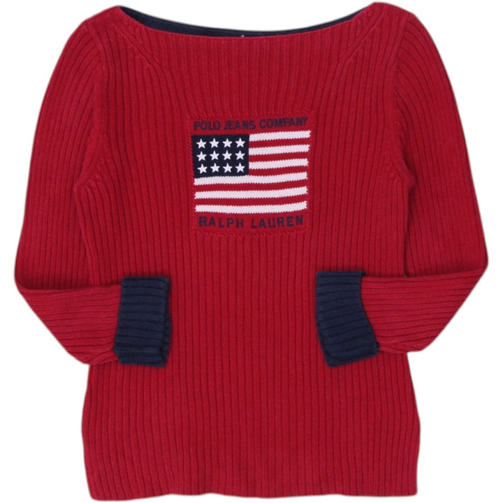 Vintage Ladies Polo Jeans Company Ralph Lauren American Flag Red Cotton Knit Sweater M
