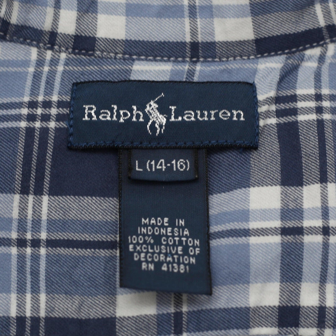 Youth Boys Ralph Lauren Shirt Blue Plaid Cotton Casual Long Sleeve