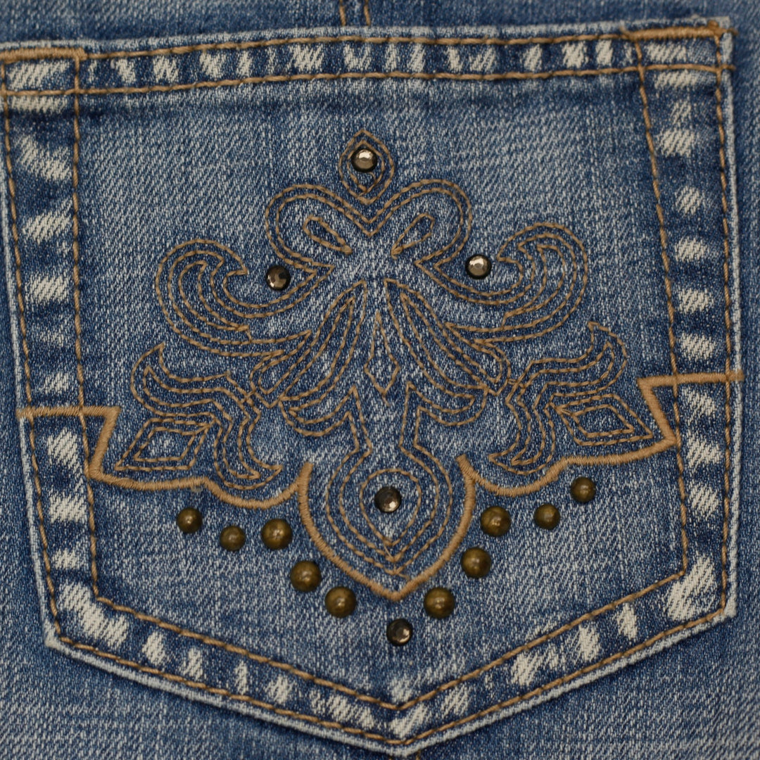 Y2K Ladies Esprit Denim Mini Skirt Floral Inner Trim Wash Patch Pockets A-Line