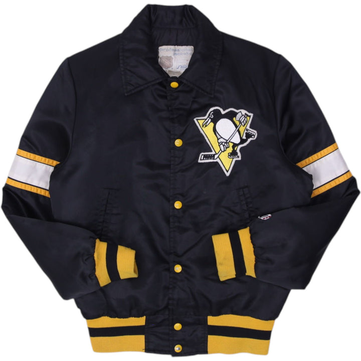 Vintage Shain Of Canada Black Satin Pittsburgh Penguins NHL Bomber Jacket S