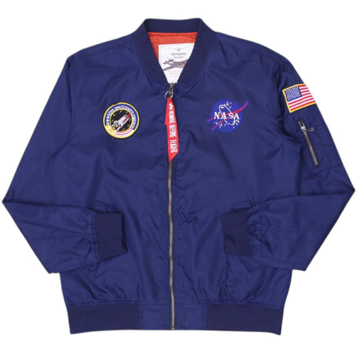 Mens Asstseries Bomber Military Jacket Coat Blue With Patches Nasa Space Flying