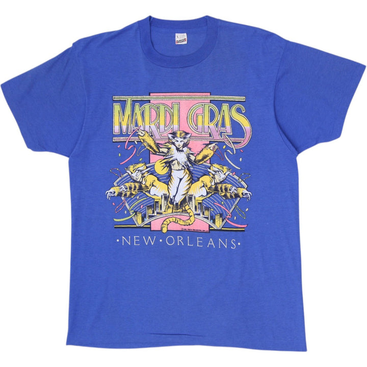 Vintage 80s Mardi Gras New Orleans Cats Musical Graphic T-Shirt Royal Blue L