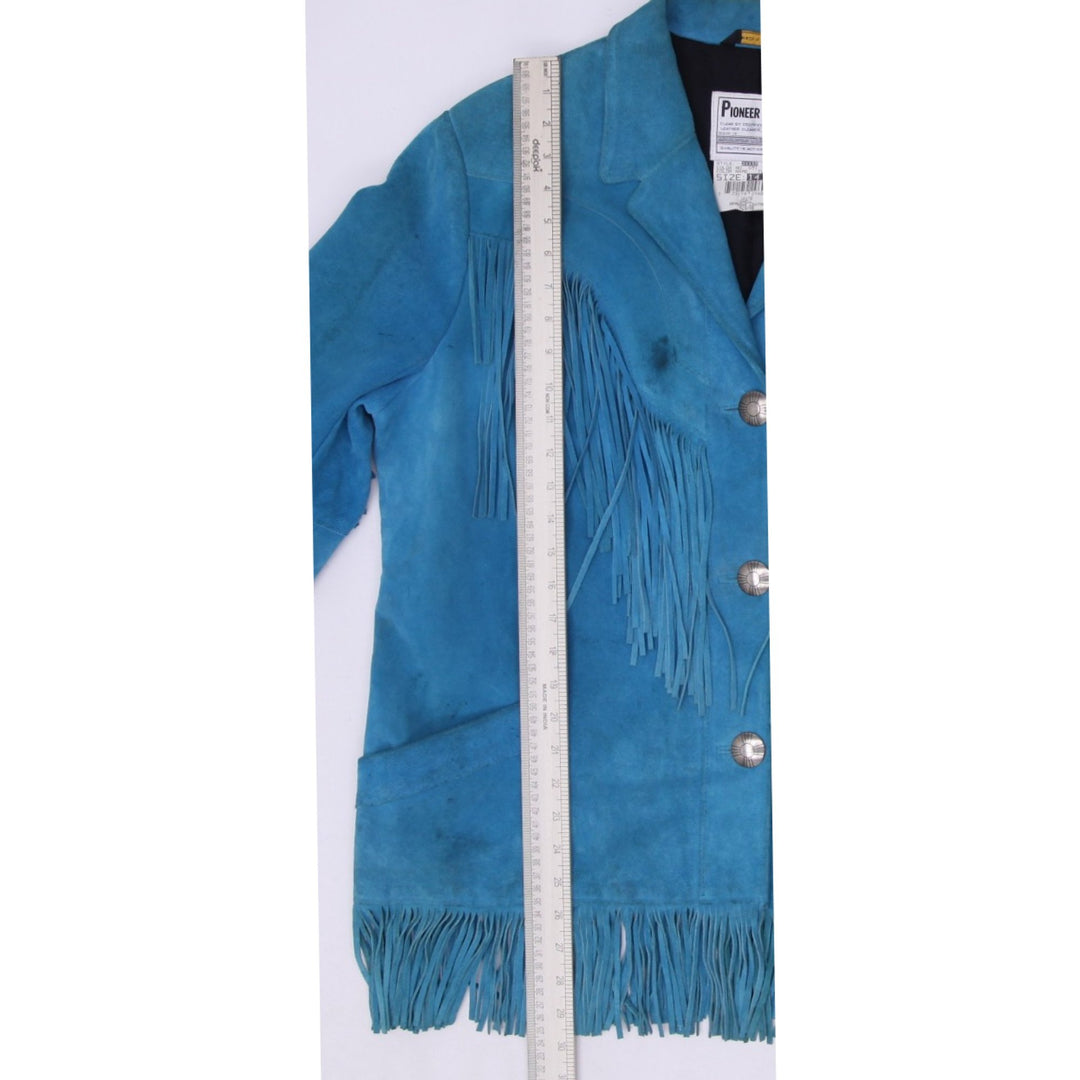 Vntg 80's Ladies Pioneer Wear Bright Turquoise Blue Suede Western Fringe Jacket