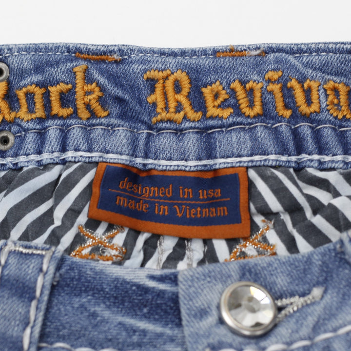 Y2K Ladies Rock Revival Denim Shorts Washed Blue Distressed Rhinestone
