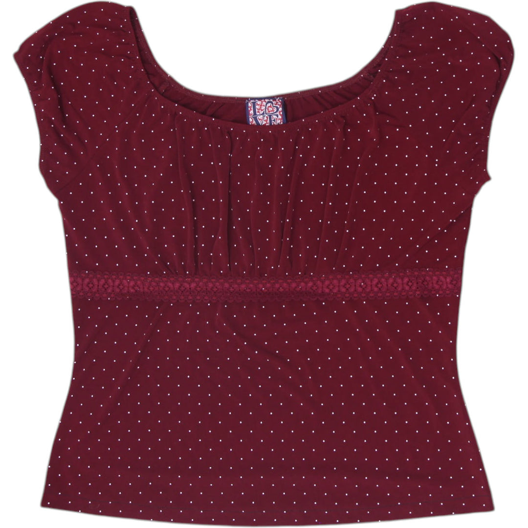 Y2K Ladies Love Tease Maroon Polka Dot Cap Sleeve Top Size M