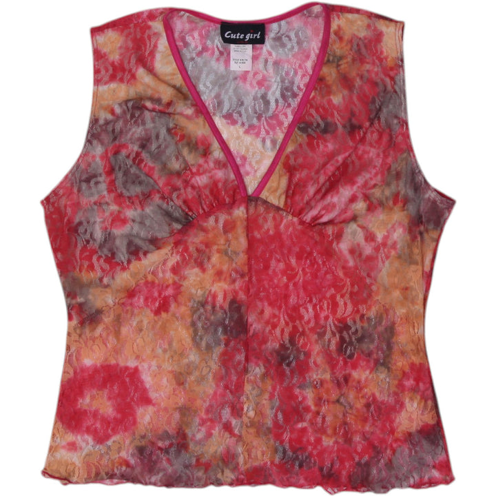 Y2K Ladies Cute Girl Tie Dye Sleeveless V-Neck Mesh Top Mae in USA Size L