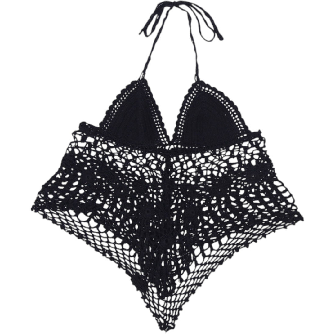 Y2K Ladies Black Boho Festival Beachwear Crochet Halter Top Size XS | Migration_Tops | Fashion Rerun