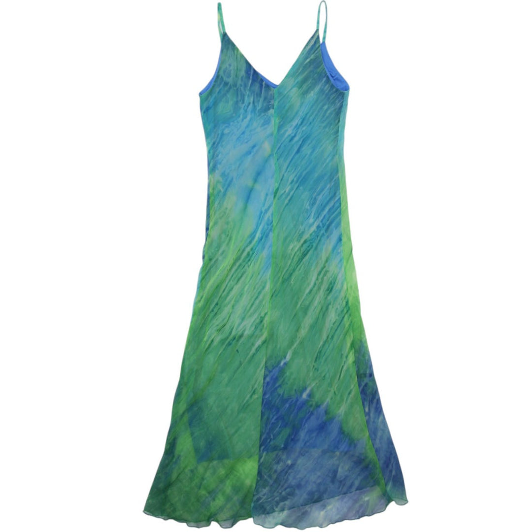 Y2K Ladies David House Long Dress Green Blue Tie Dye Strappy | Migration_Dresses - Side View | Fashion Rerun