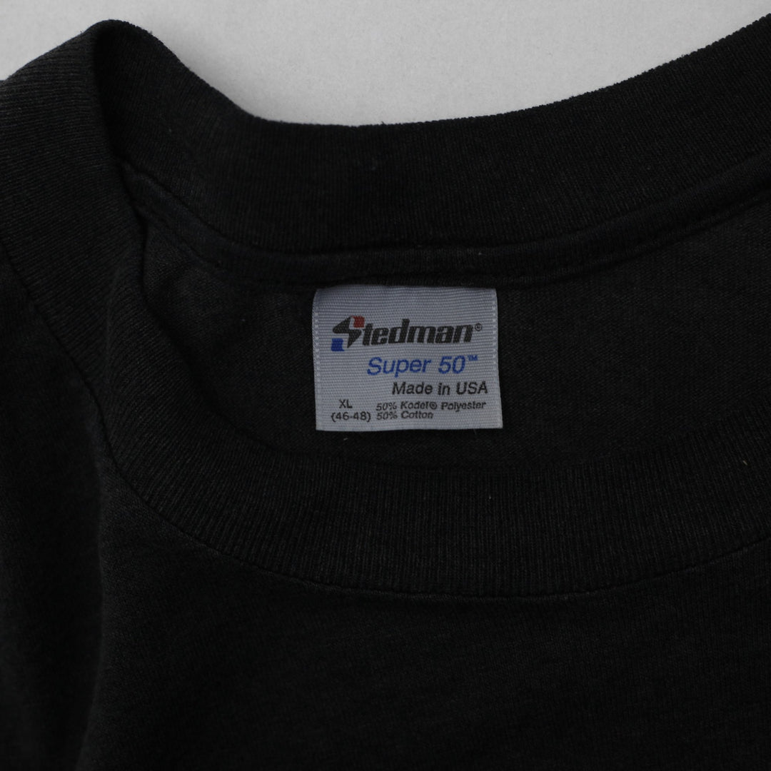 Vintage 80s Stedman Black Graphic Earthquake Team T-Shirt made in USA Size XL | Migration_T-Shirts - Back Vie | Fashion Rerun