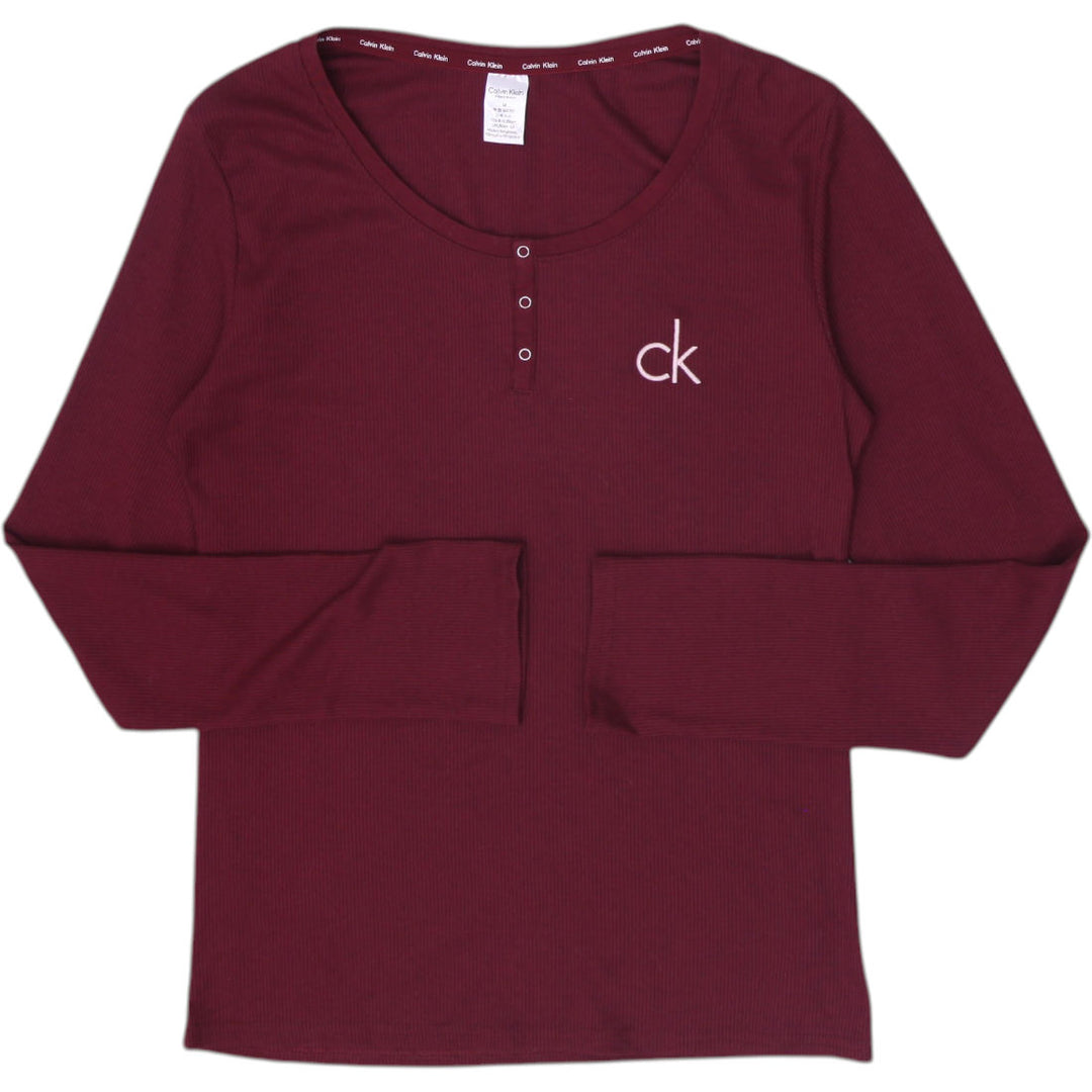 Ladies Calvin Klein Ribbed Henley Top Long Sleeve Sleepwear Embroidered Logo