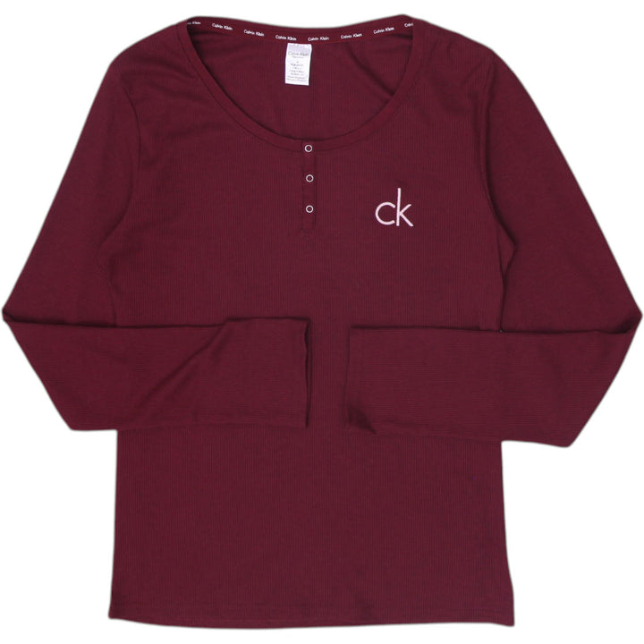 Ladies Calvin Klein Ribbed Henley Top Long Sleeve Sleepwear Embroidered Logo