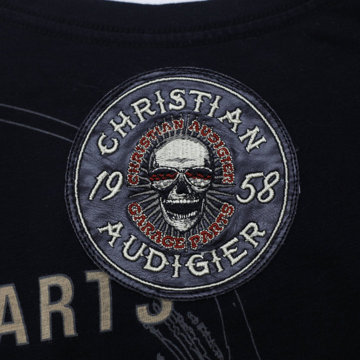 Y2K Mens Christian Audigier Garage Parts Studded Biker T-Shirt Size M