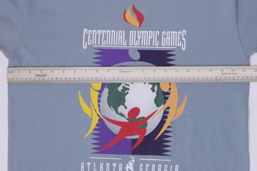 Vintage Mens Hanes T-Shirt Blue Olympic Graphic Cotton S. Stitch Size L