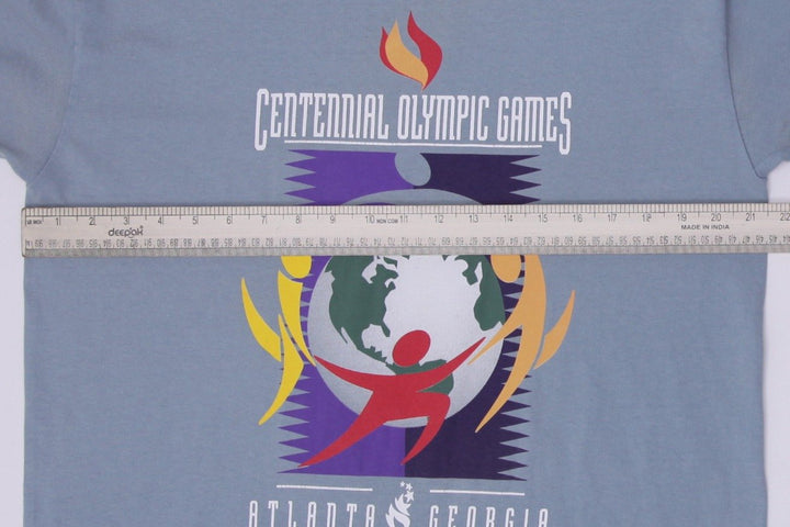 Vintage Mens Hanes T-Shirt Blue Olympic Graphic Cotton S. Stitch Size L