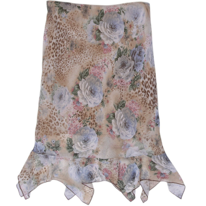 Y2K Ladies XOXO Skirt Beige Floral Leopard Print Ruffle