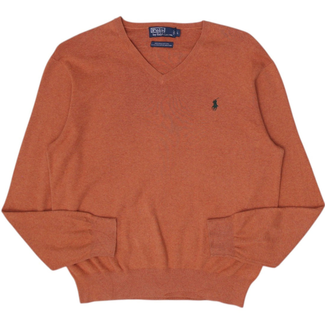 Vintage Mens Ralph Lauren Orange V-Neck Cotton Logo Knitwear Size L | Migration_Knitwear & Sweaters | Fashion Rerun