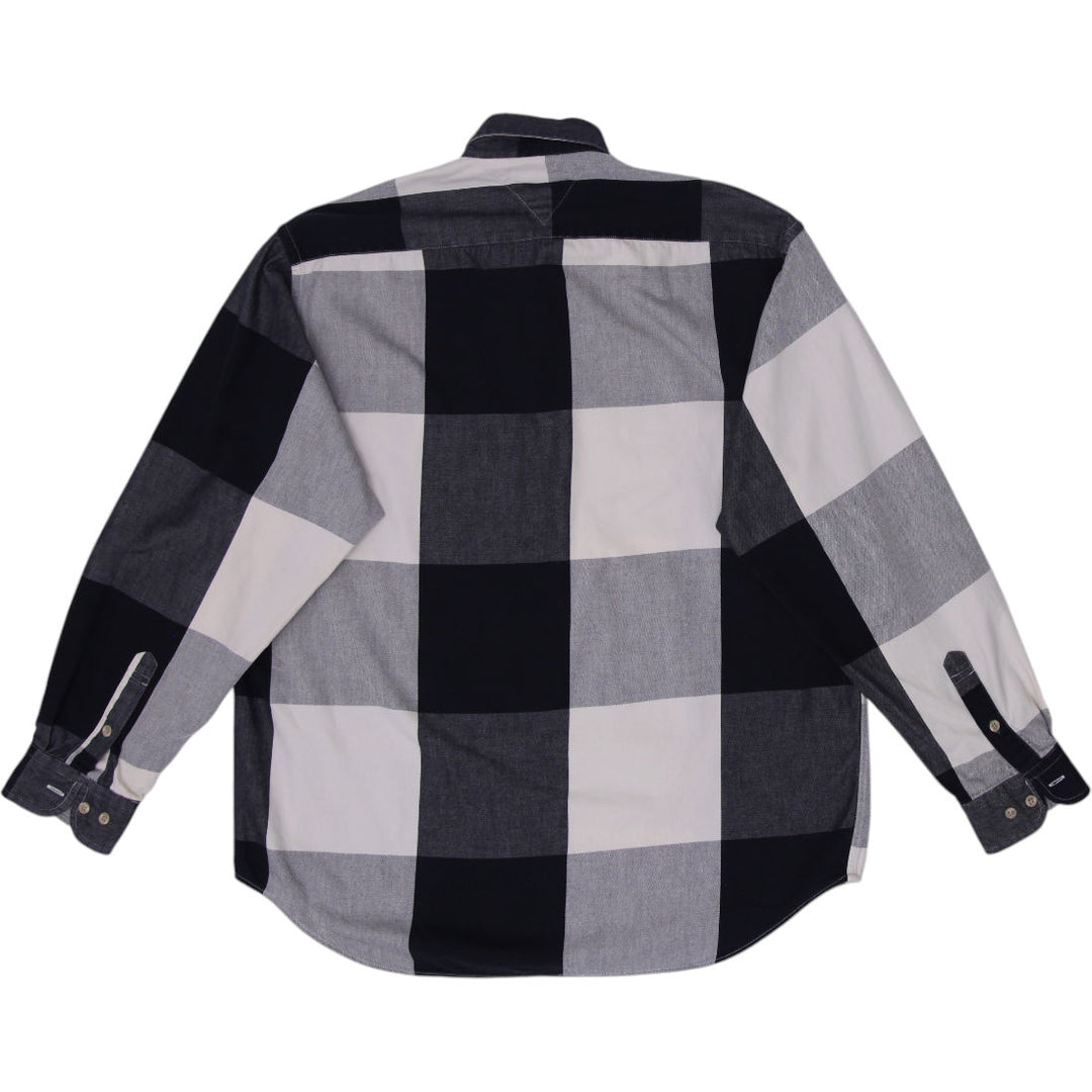 Vintage Mens Tommy Hilfiger Shirt Black Gray Check Long Sleeve Cotton Size M