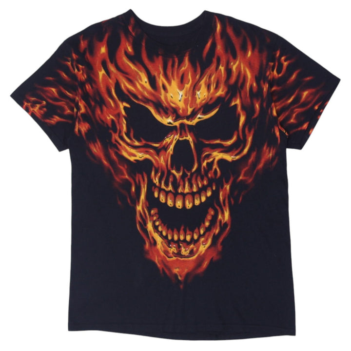 Mens Liquid Blue T-Shirt Black Flaming Skull Graphic Short Sleeve