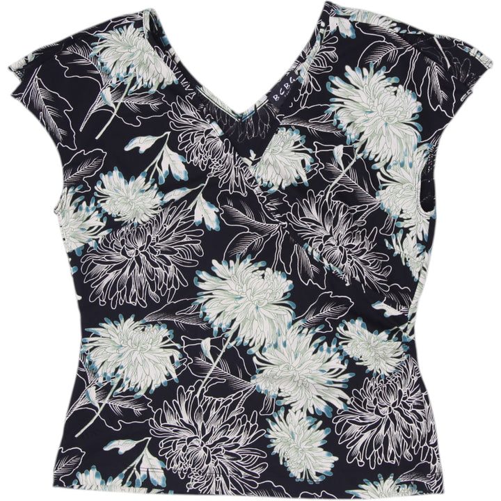 Y2K Ladies BCBG Paris Black Floral Chrysanthemum Cap Sleeve V-Neck Top Size M