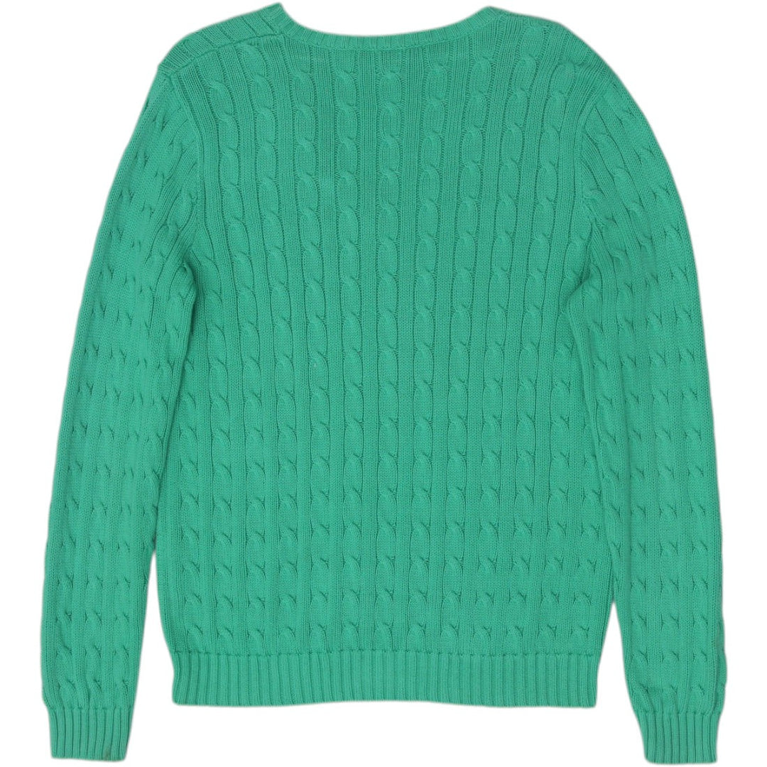 Vintage Ladies Ralph Lauren Cable Knit V-Neck Green Sweater XL
