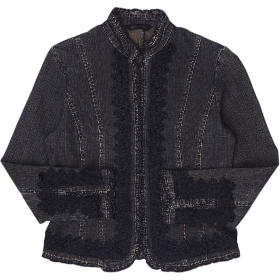 Y2K Ladies Simon Chang Lace-Trimmed Mandarin Denim Jacket Size 6