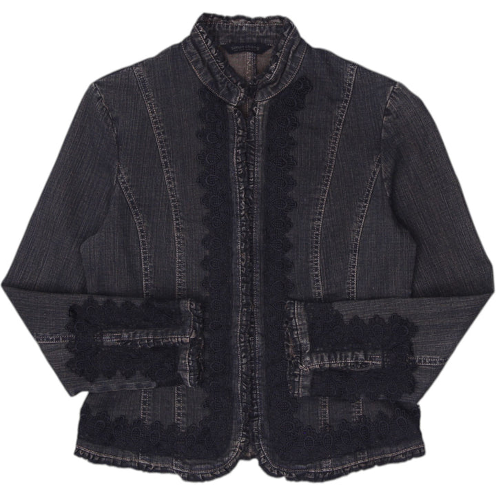 Y2K Ladies Simon Chang Lace-Trimmed Mandarin Denim Jacket Size 6