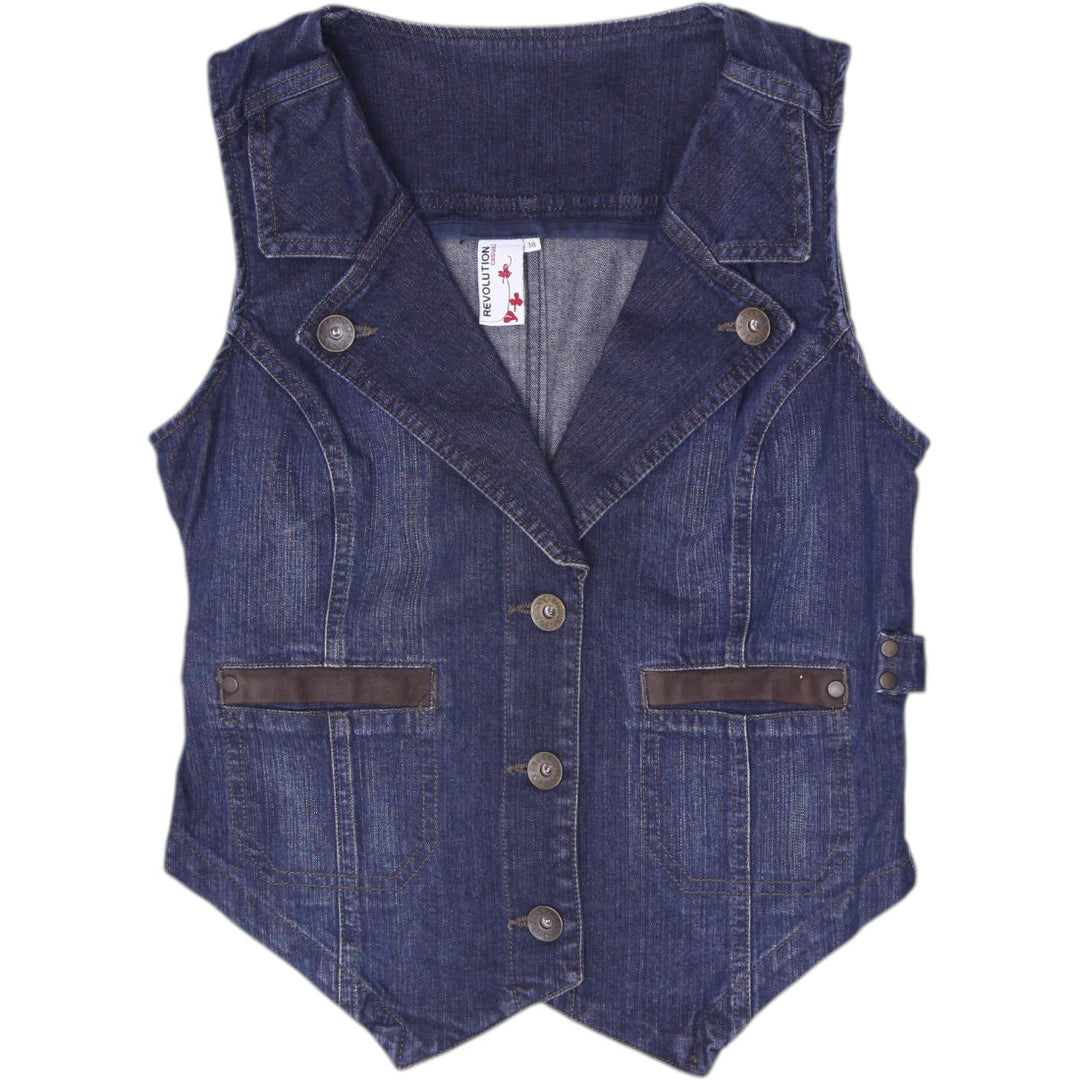 Y2K Ladies REVOLUTION Tailored Dark Wash Denim Waistcoat Vest Brown Trim EU 38