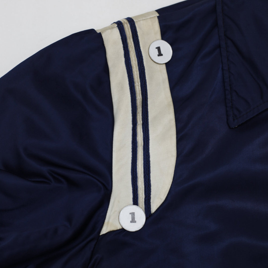 Vintage Medford High Mustangs Varsity Jacket Navy Embroidered Striped 1982-83 Size 42 | Migration_Jackets - V | Fashion Rerun