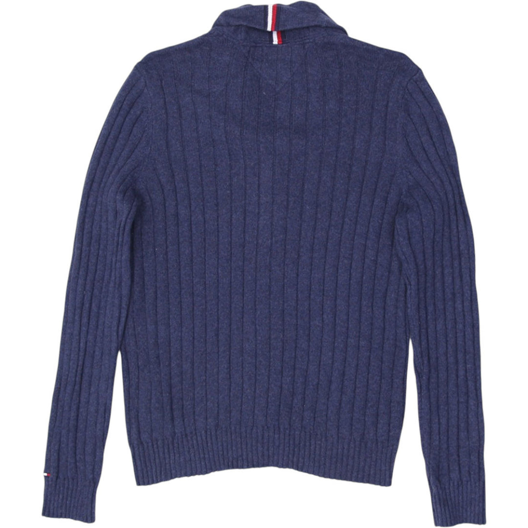 Men’s navy blue cardigan featuring ribbed shawl collar and cozy knitwear design