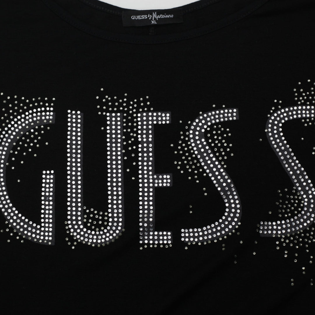 Y2K Ladies Guess by Marciano Bedazzled Crystal Spellout Top Size XL