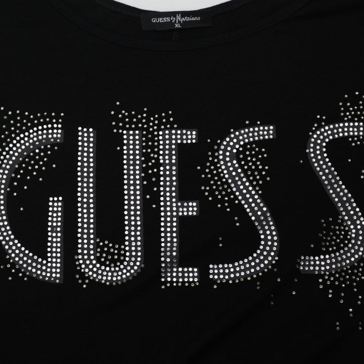 Y2K Ladies Guess by Marciano Bedazzled Crystal Spellout Top Size XL