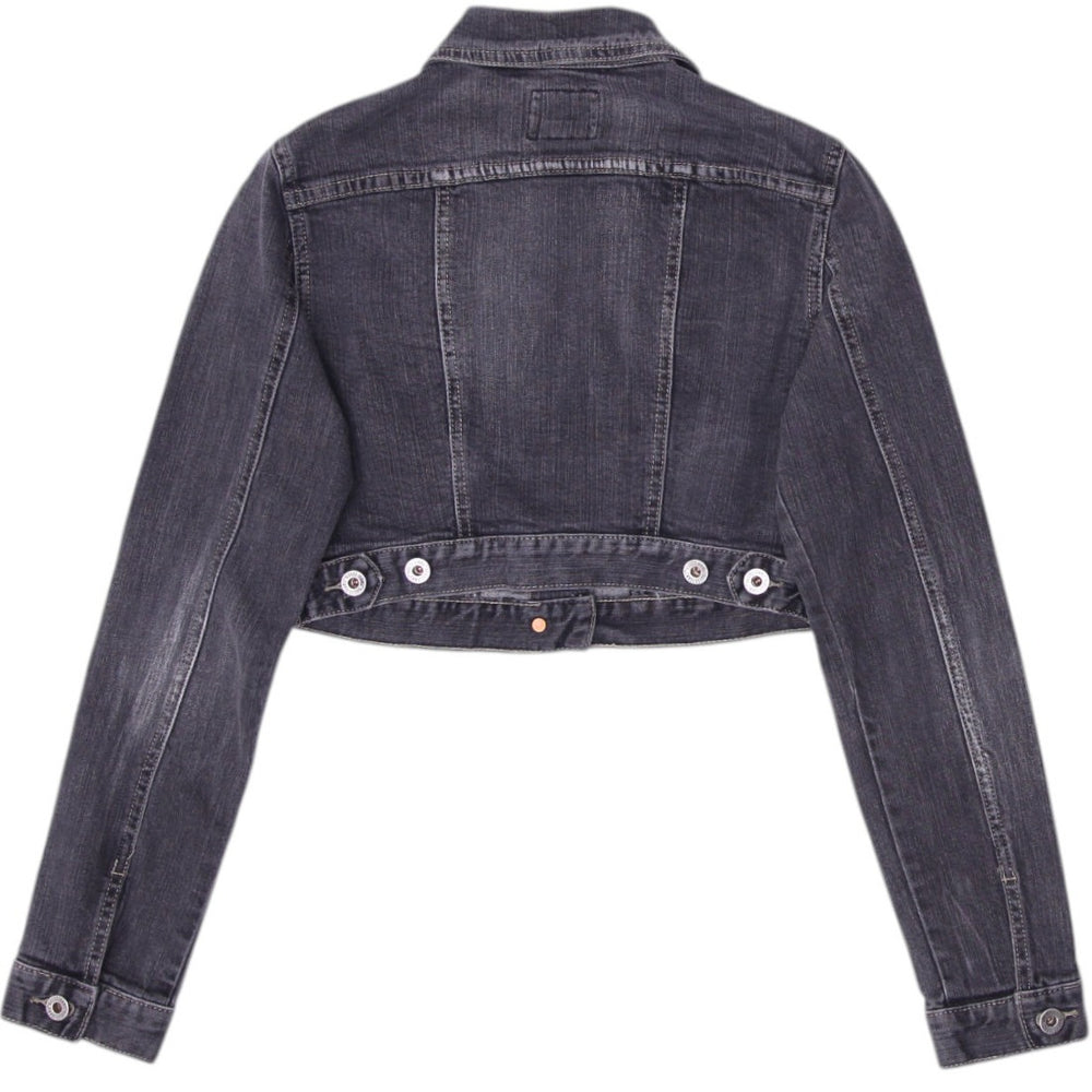 Y2K Ladies Guess Gray Cropped Vintage Trucker Denim Jacket Size S | Migration_Jackets - Side View | Fashion Rerun