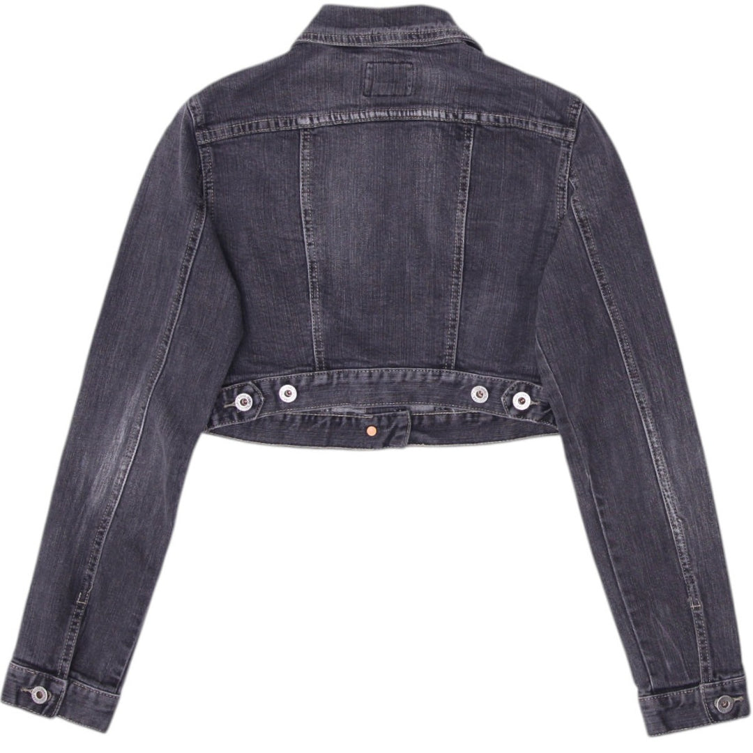 Y2K Ladies Guess Gray Cropped Vintage Trucker Denim Jacket Size S | Migration_Jackets - Side View | Fashion Rerun