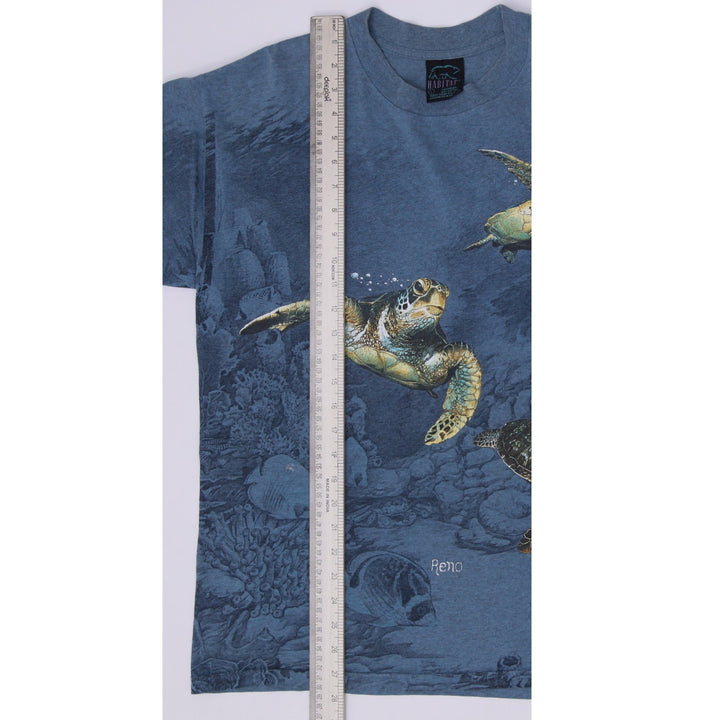 Vintage Habitat Sea Turtles Blue AOP Ocean Undersea Graphic T-Shirt Size L