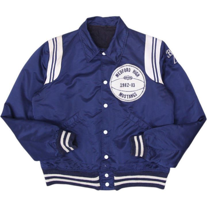 Vintage Medford High Mustangs Varsity Jacket Navy Embroidered Striped 1982-83 Size 42 | Migration_Jackets | Fashion Rerun