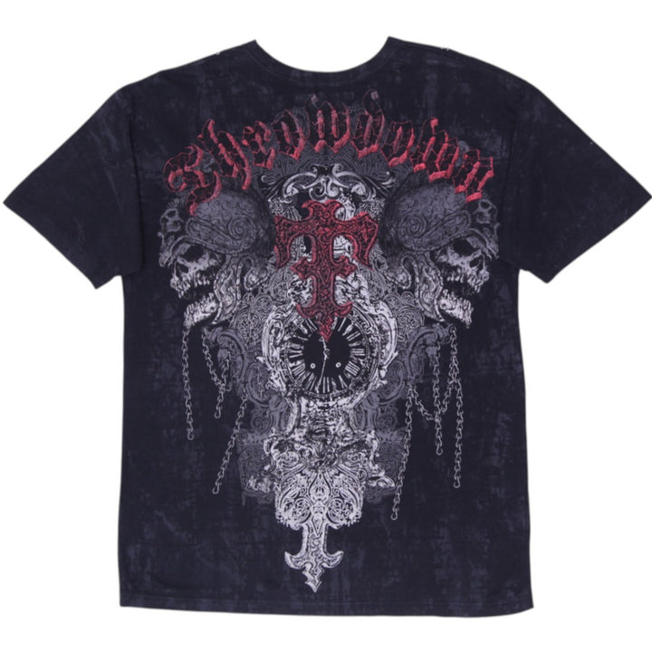 Y2K Mens Throwdown Affliction XL Black Double Sided Skull Cross Graphic T-Shirt