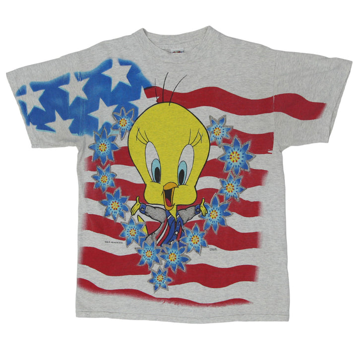 1995 Vintage Warner Bros Tweety Bird Mirror Print T-Shirt Gray Looney Tunes L | Migration_T-Shirts UAENAT40 | Fashion Rerun