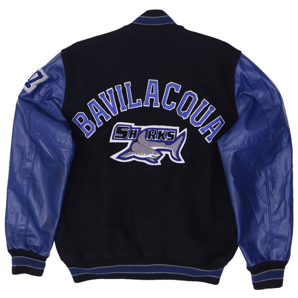 Vintage Mens Neff Varsity Jacket Black Blue Leather Sleeve R Embroidery | Migration_Jackets - Side View | Fashion Rerun