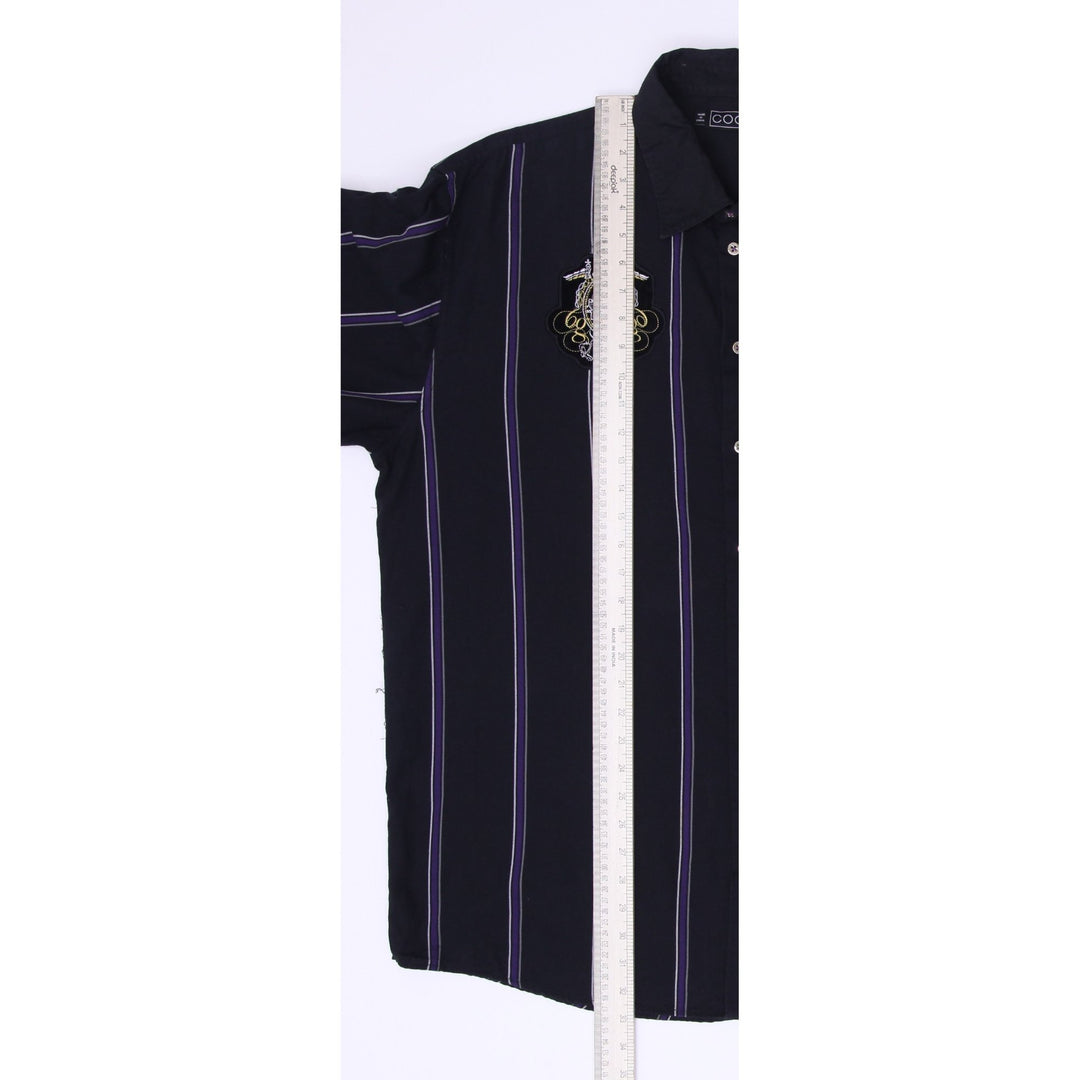 Coogi Gold Button Embroidered Crest Patch Black Purple Stripe Shirt Size XXL | Migration_Shirts - View 12 | Fashion Rerun
