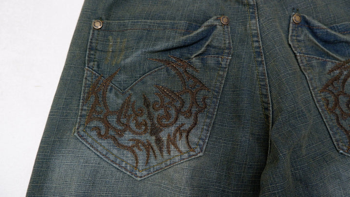 Y2K Mens Indigo 30 Jeans Washed Blue Embroidered Denim
