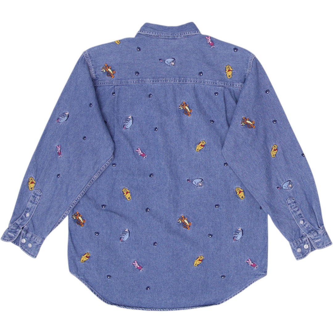 Vintage Mens Disney Denim Shirt Blue Embroidered Cartoon Size M