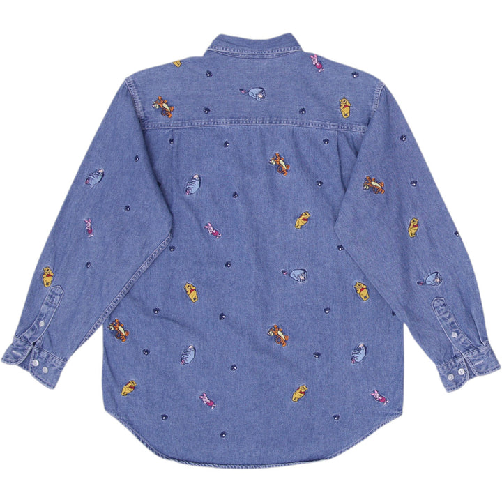 Vintage Mens Disney Denim Shirt Blue Embroidered Cartoon Size M