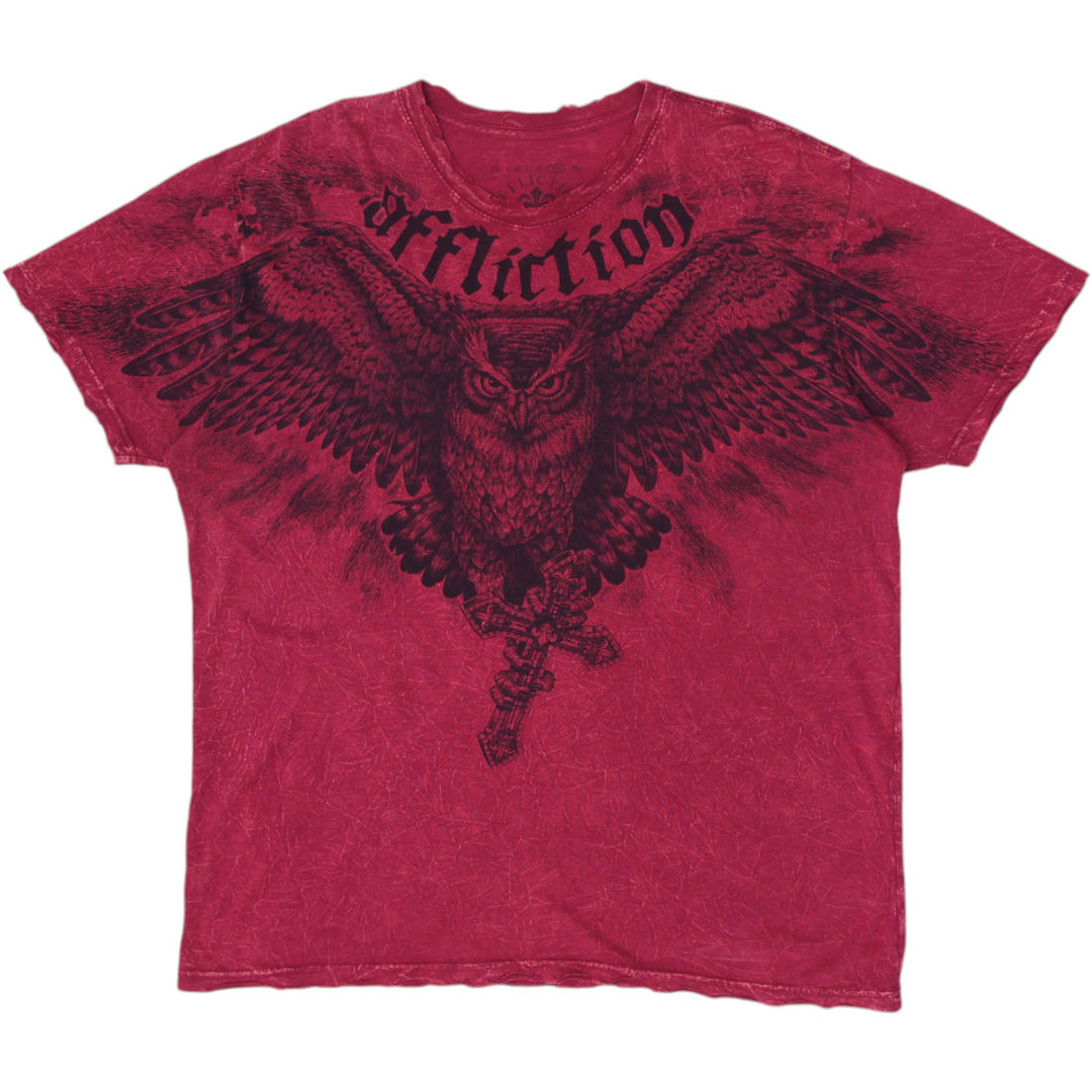 Y2K Mens Affliction T-Shirt Red Graphic Owl Print